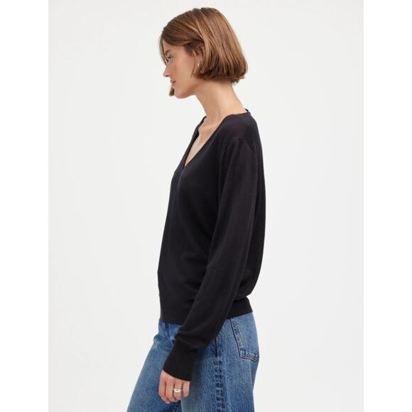 Madewell Merino Wool-Silk Blend V-Neck Sweater WMNS L Black Relaxed Fit Pullover - Picture 2 of 8